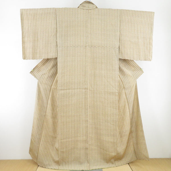 小紋 御召し 袷 矢羽根模様 エンジ色x茶色 広衿 正絹 カジュアル着物