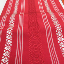Load image into Gallery viewer, 博多織 半幅帯 2本セット 献上柄 縞 赤色 x 橙色 正絹 半巾帯 小袋帯 長さ350cm
