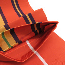 Load image into Gallery viewer, 博多織 半幅帯 2本セット 献上柄 縞 赤色 x 橙色 正絹 半巾帯 小袋帯 長さ350cm