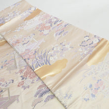 画像をギャラリービューアに読み込む, 袋帯 御所解文様 ベージュ色 金糸 六通柄 正絹 礼装 フォーマル 着物帯 長さ428cm