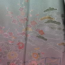 画像をギャラリービューアに読み込む, 訪問着 刺繍 ぼかしに花文様 緑色 茶色 袷 広衿 正絹 一つ紋 五三桐文 仕立て上がり着物 身丈156cm