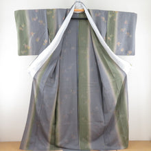 Load image into Gallery viewer, 小紋 箔 ぼかし 縞に桜文様 単衣 広衿 正絹 緑色 青紫色 仕立て上がり カジュアル 身丈163cm