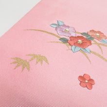 画像をギャラリービューアに読み込む, 名古屋帯 刺繍 染め分け 花車文様 正絹 白色 桃紫色 お太鼓柄 九寸帯 カジュアル 長さ370cm