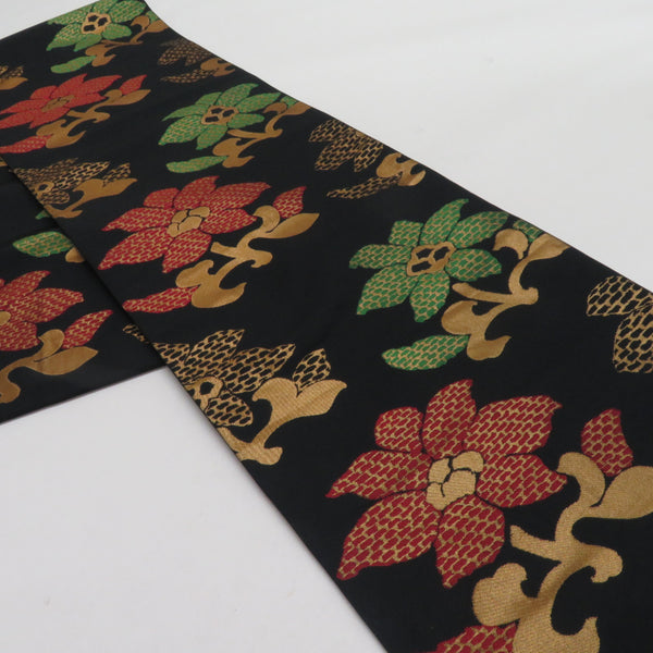 袋帯 花唐草文様 黒色 金糸 正絹 全通柄 着物帯 長さ424cm 袋帯 花唐草文様 黒色 金糸 正絹 全通柄 着物帯【中古】 キモノオフ