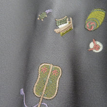 画像をギャラリービューアに読み込む, 付下げ 刺繍 日本玩具文様 袷 広衿 灰色 正絹 仕立て上がり着物 紋なし 身丈166cm