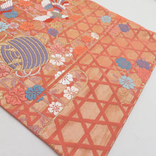 画像をギャラリービューアに読み込む, 袋帯 振袖用 桜に鳳凰文様 桃橙色 金糸 唐織 六通柄 正絹 仕立て上がり 着物帯 長さ424cm