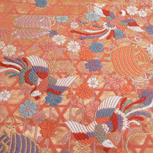 画像をギャラリービューアに読み込む, 袋帯 振袖用 桜に鳳凰文様 桃橙色 金糸 唐織 六通柄 正絹 仕立て上がり 着物帯 長さ424cm