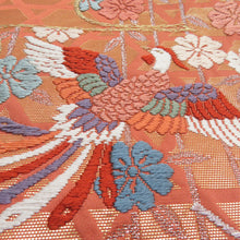 画像をギャラリービューアに読み込む, 袋帯 振袖用 桜に鳳凰文様 桃橙色 金糸 唐織 六通柄 正絹 仕立て上がり 着物帯 長さ424cm