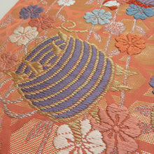 画像をギャラリービューアに読み込む, 袋帯 振袖用 桜に鳳凰文様 桃橙色 金糸 唐織 六通柄 正絹 仕立て上がり 着物帯 長さ424cm