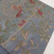 画像をギャラリービューアに読み込む, 袋帯 花蝶文様 青灰色 六通柄 正絹 礼装 フォーマル 着物帯 長さ432cm