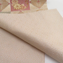 画像をギャラリービューアに読み込む, 袋帯 唐織刺繍 市松華文様 ベージュ色 金糸 六通柄 正絹 礼装 フォーマル 着物帯 長さ440cm