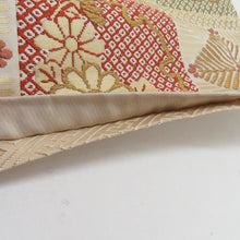 画像をギャラリービューアに読み込む, 袋帯 唐織刺繍 市松華文様 ベージュ色 金糸 六通柄 正絹 礼装 フォーマル 着物帯 長さ440cm