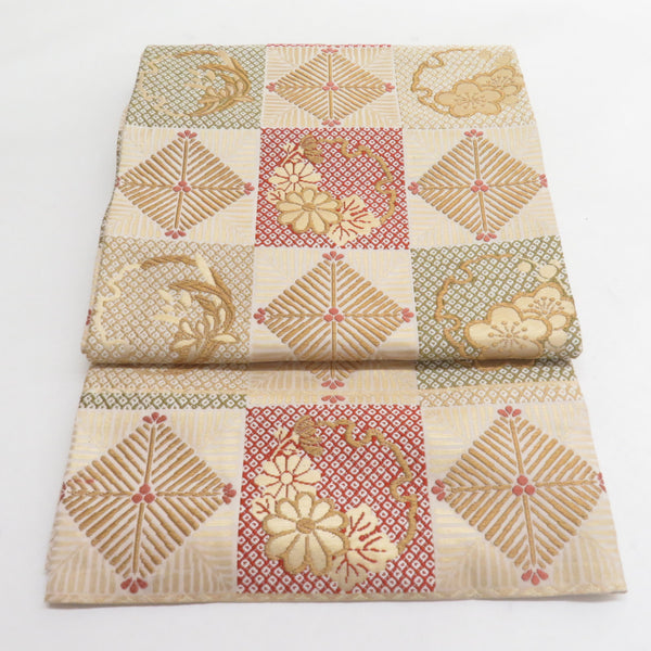 袋帯 唐織刺繍 市松華文様 ベージュ色 金糸 六通柄 正絹 礼装 フォーマル 着物帯 長さ440cm【中古】 袋帯 唐織刺繍 市松華文様 ベージュ色 金糸 六通柄 正絹 礼装