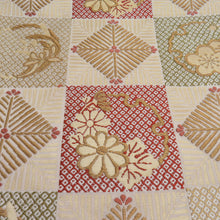 画像をギャラリービューアに読み込む, 袋帯 唐織刺繍 市松華文様 ベージュ色 金糸 六通柄 正絹 礼装 フォーマル 着物帯 長さ440cm
