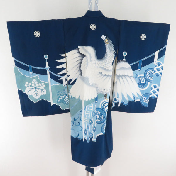 子供着物 男の子用 四つ身 襦袢セット 青色 鷹文様 正絹 5歳 5