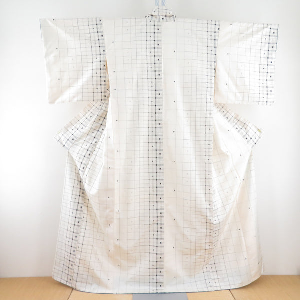 紬 着物 変わり格子 白色 袷 広衿 正絹 カジュアル着物 仕立て上がり