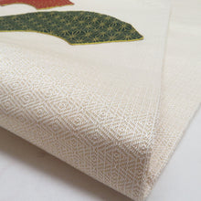 画像をギャラリービューアに読み込む, 名古屋帯 パッチワーク刺繍 扇面文様 金通し ベージュ色 正絹 お太鼓柄 九寸帯 カジュアル 仕立て上がり 長さ360cm