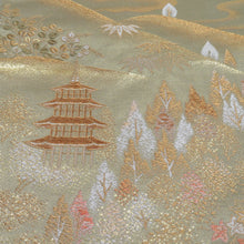 画像をギャラリービューアに読み込む, 袋帯 五重塔文様 灰緑色 金糸 六通柄 正絹 礼装 フォーマル 着物帯 長さ420cm