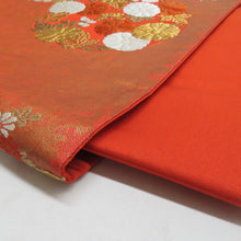 画像をギャラリービューアに読み込む, 河合美術織物 袋帯 花丸文様 桜 菊 梅 赤橙色 金糸 六通柄 正絹 礼装 フォーマル 着物帯 長さ440cm