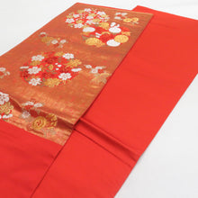 画像をギャラリービューアに読み込む, 河合美術織物 袋帯 花丸文様 桜 菊 梅 赤橙色 金糸 六通柄 正絹 礼装 フォーマル 着物帯 長さ440cm