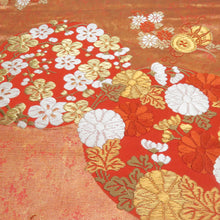 画像をギャラリービューアに読み込む, 河合美術織物 袋帯 花丸文様 桜 菊 梅 赤橙色 金糸 六通柄 正絹 礼装 フォーマル 着物帯 長さ440cm