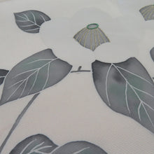 画像をギャラリービューアに読み込む, 名古屋帯 正絹 塩瀬 椿文様 箔 お太鼓柄 九寸帯 白色 カジュアル 仕立て上がり 着物帯 長さ357cm