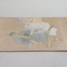 画像をギャラリービューアに読み込む, 名古屋帯 織り柄 綴れ 菖蒲文様 ベージュ色 金糸 正絹 九寸なごや帯 お太鼓柄 カジュアル 仕立て上がり 着物帯 長さ353cm