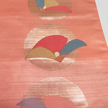 画像をギャラリービューアに読み込む, 名古屋帯 織り柄 椿文様 橙色 金糸 正絹 九寸なごや帯 お太鼓柄 開き仕立て カジュアル 着物帯 長さ360cm