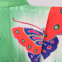 画像をギャラリービューアに読み込む, 子供着物 女の子用 二尺袖着物 着物・襦袢・帯セット オレンジ グリーン 蝶々文様 正絹 ジュニア 伊達衿付 13才向き 発表会 身丈145cm