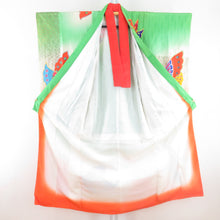 画像をギャラリービューアに読み込む, 子供着物 女の子用 二尺袖着物 着物・襦袢・帯セット オレンジ グリーン 蝶々文様 正絹 ジュニア 伊達衿付 13才向き 発表会 身丈145cm