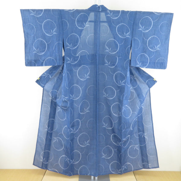 夏着物 本麻 小千谷ちぢみ 単衣 青色 丸に笹文様 カジュアル 夏物 盛夏