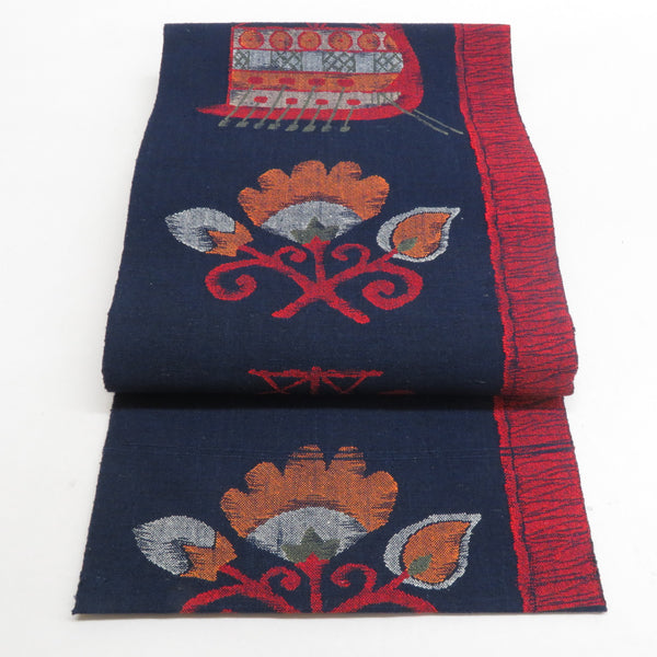名古屋帯 正絹 紬地 異国船柄 八寸帯 紺色 松葉仕立て カジュアル