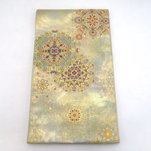 Load image into Gallery viewer, 袋帯 薄白緑 正倉院文様 宝相華 金糸 正絹 フォーマル 仕立て上がり 着物帯 長さ428cm