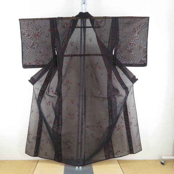 夏着物 単衣 紗 バチ衿 植物模様 正絹 黒色x赤色 夏用 カジュアル