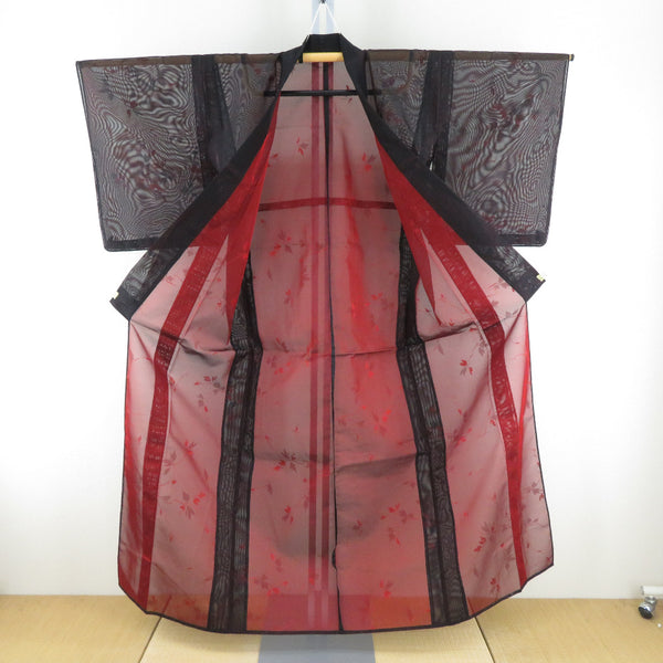 夏着物 単衣 紗 バチ衿 植物模様 正絹 黒色x赤色 夏用 カジュアル