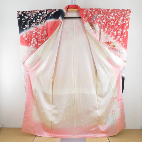 振袖 正絹 3点セット【着物 長襦袢 袋帯】ピンク色x赤色x黒色 扇子に