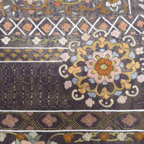 袋帯 スワトー刺繍 正絹 金糸 華文様 茄子色x多色 六通柄 仕立て