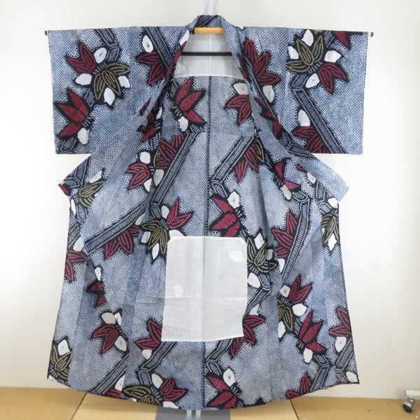 浴衣 絞り浴衣 紺色x赤色x黄色 花模様 仕立て上がり 夏物 女性用