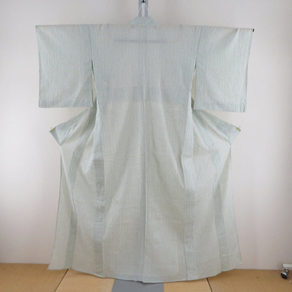 夏着物 小紋 小千谷縮 麻 ちじみ 広衿 薄緑色x薄青色 縦縞模様 夏用