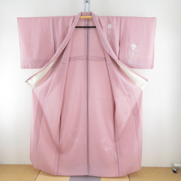 夏着物 付下げ 絽 広衿 ピンク色x白色 花文様 一つ紋 蔦紋 絹 夏用