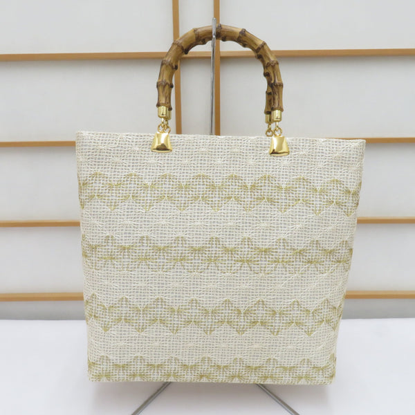 刺繍のバンブーバッグ　ブルー&ゴールドベージュ　正絹地　和装お着物に☆ 和装バッグ バッグ 白×ベージュ系 バンブーハンドル ハンドバッグ 着物