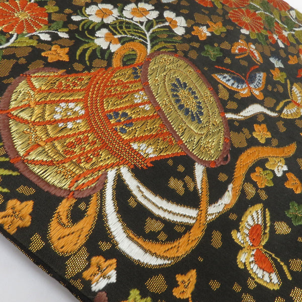 袋帯 黒色×多色 金糸 黒地 和楽器紋様 花鳥 刺繍 六通柄 正絹 仕立て