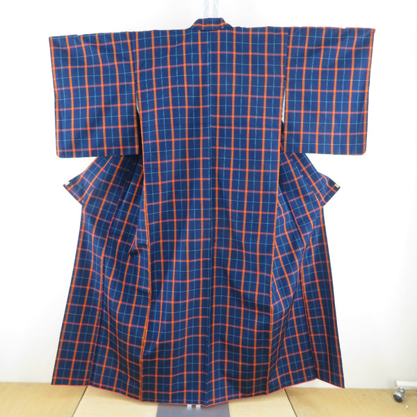 紬 着物 袷 正絹 紺色xオレンジ色x水色 格子 チェック模様 広衿