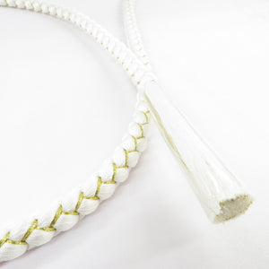 帯締め 振袖用 帯〆 白×金色 パールビーズ 飾り付き 金糸 絹100% 丸組 成人式 卒業式 和装小物 長さ170cm