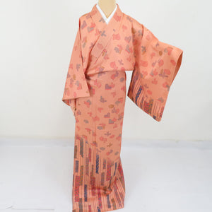 訪問着 更紗文様 橙色 正絹 袷 広衿 紋なし セミフォーマル 仕立て上がり 身丈161cm 美品