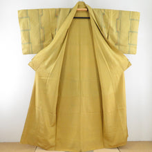 画像をギャラリービューアに読み込む, 紬 着物 縞に四角文様 袷 広衿 からし色 正絹 カラー胴裏 カジュアル 仕立て上がり 身丈156cm