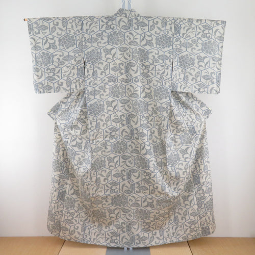 紬 着物 正絹 単衣 ベージュｘ青色 バチ衿 カジュアル着物 細身 仕立て上がり 身丈155cm