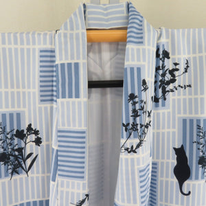 小紋 袷 広衿 格子に猫模様 青色ｘ白ｘ紺 洗える着物 仕立て上がり ポリエステル着物 身丈160cm