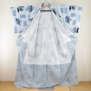 小紋 袷 広衿 格子に猫模様 青色ｘ白ｘ紺 洗える着物 仕立て上がり ポリエステル着物 身丈160cm