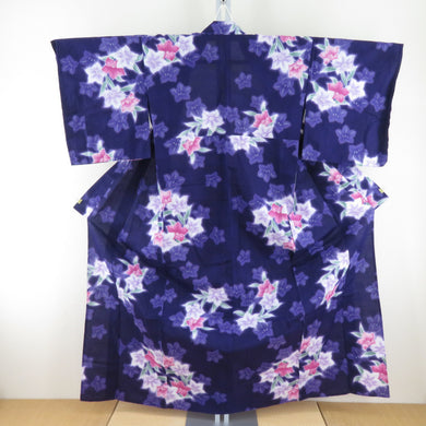 浴衣 綿 バチ衿 紫色ｘピンク色 桔梗模様 夏物 仕立て上がり レディース 女性用ゆかた 身丈159cm